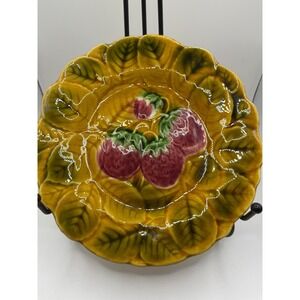 French Majolica Strawberry Leaf Plate Yellow French Country Rustic Kitchen Decor